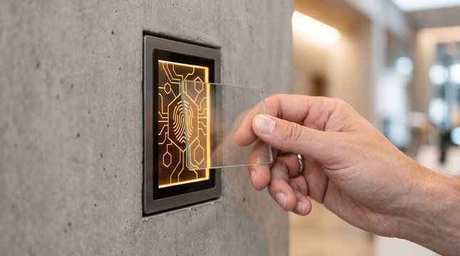 Person using a transparent access card on a biometric fingerprint reader panel