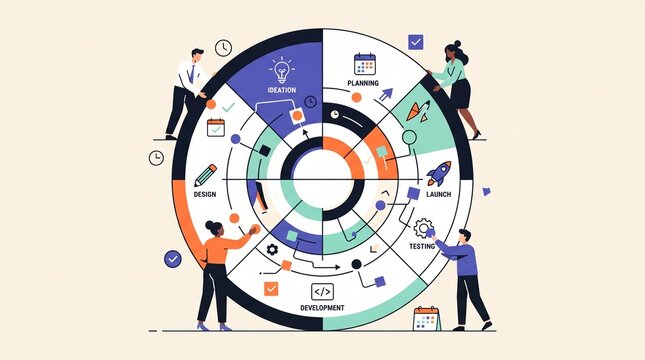 Diverse professional team managing project workflow steps on large circular diagram