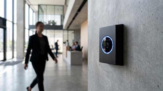 Modern electronic access control scanner mounted on a concrete office wall