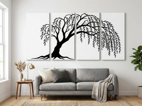 Minimalist willow tree wall art, black and white triptych canvas in modern living room, zen nature silhouette decor for home interior