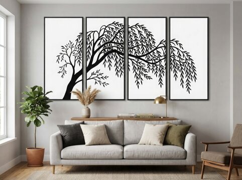 Minimalist willow tree wall art mockup, four panel triptych canvas in modern living room, black and white nature decor