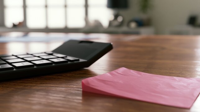 Close view of a keyboard on a wooden table with a pink sticky note nearby
