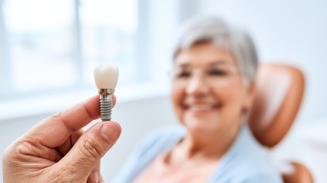 A hand holds a dental implant in focus with a smiling elderly woman blurred in the background, symbolizing dental care and restoration.