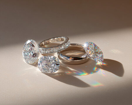 Three diamond rings with sparkling large gemstones cast colorful reflections on a beige surface.