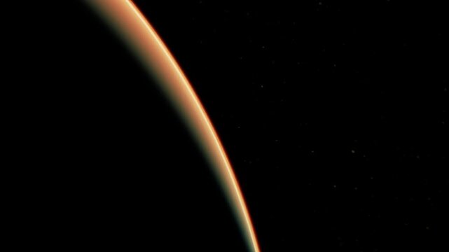 Mars is shown from space with a focus on the planets orange surface. The curved edge highlights the planets features against a dark background. This view captures the unique topology of Mars.