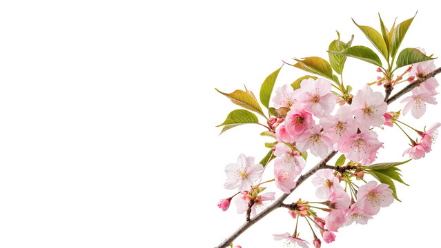 Blooming cherry blossom branch with pink spring flowers isolated on transparent background