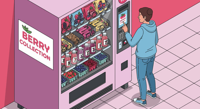 Person buys berries at a specialty vending machine - isometric illustration