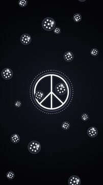 animation stop the war, falling black balls with white spots forming peace symbol motion graphic loop