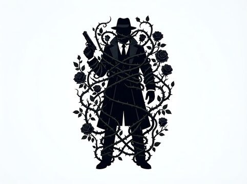 Man in hat holding gun surrounded by dark roses and vines