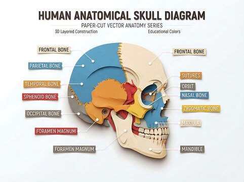 Human anatomical skull diagram paper cut vector anatomy educational colors