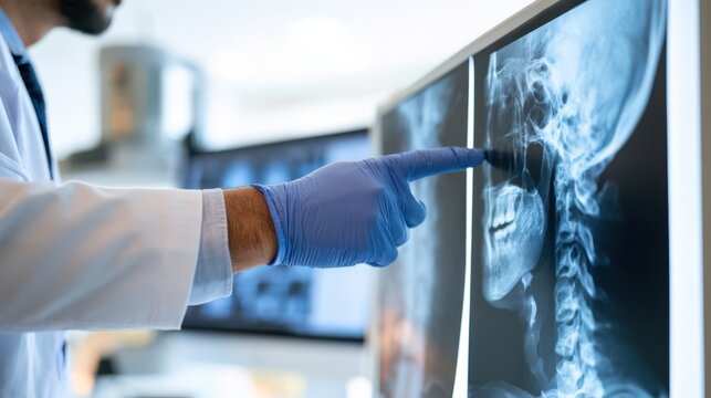 A medical professional wearing gloves examines a skull X-ray on a digital screen in a clinical setting.