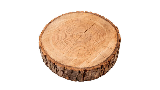 Round rustic natural wooden tree trunk cross section slice isolated on transparent background