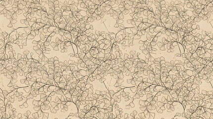 Fototapeta premium Seamless line art print pattern of layered maidenhair fern leaves in fine sepia outlines with full bleed coverage on warm beige paper texture perfect for planner and journal cover design