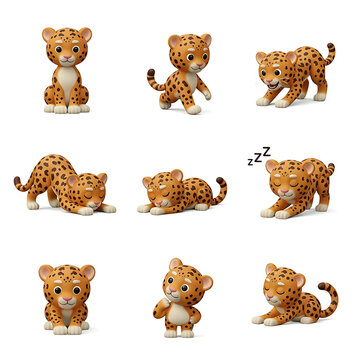 Cute leopard cub character poses set in 3d cartoon style