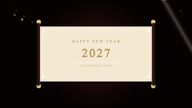 3d animation of a papyrus book scroll unfolding to reveal the year 2027 and happy new year message