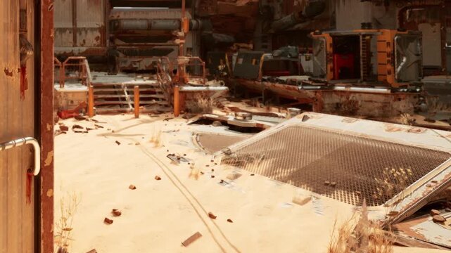 An abandoned area with broken structures surrounded by sand. Debris covers the ground, and there are signs of rust and decay.