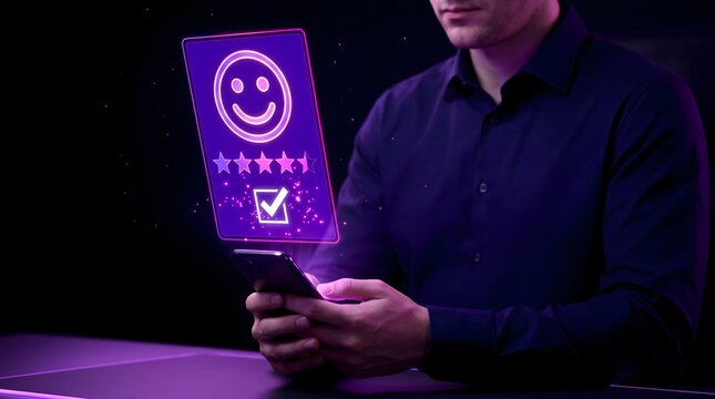 Customer experience rating hologram over smartphone, digital feedback survey with five stars, man using mobile app for service satisfaction