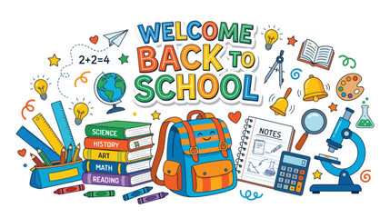Naklejka premium Welcome Back to School: Colorful Collection of School Supplies and Textbooks