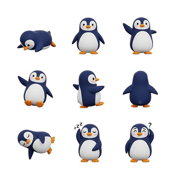 Cute 3d penguin character set in various poses for design