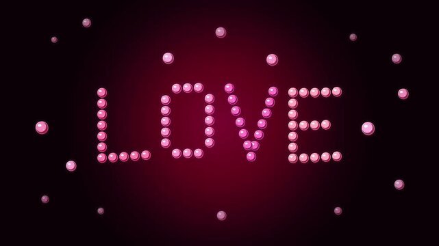 3d animation love text formed by falling textured balls, pink glow