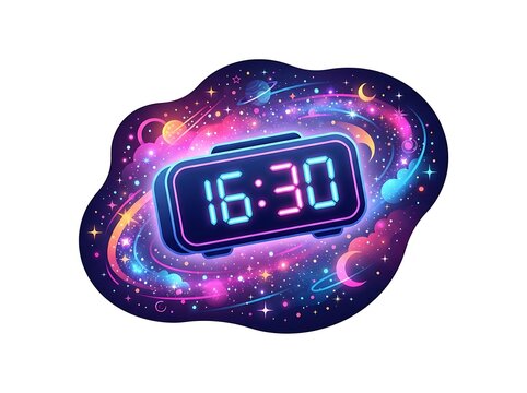 Digital clock displaying time amidst cosmic nebula