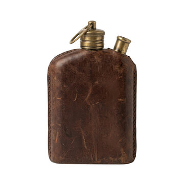 A rustic brown leather hip flask with a brass screw cap and a small loop isolated on a white background, for outdoor beverage storage isolated on a transparent background