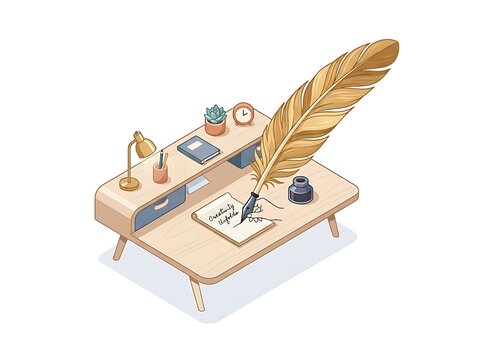 Desk setup with quill pen and writing materials