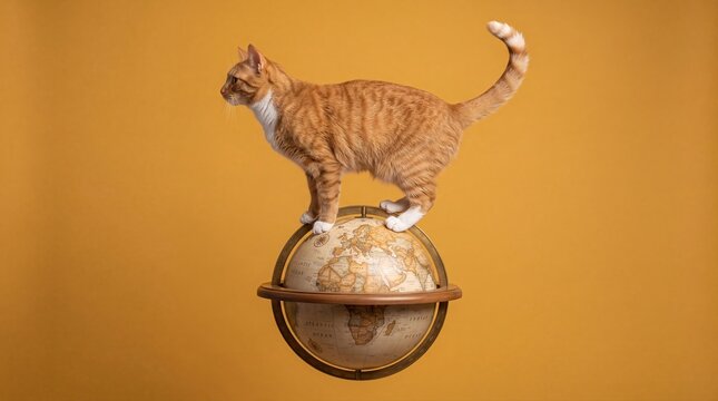 Ginger cat standing on top of a vintage world globe against a warm orange background.