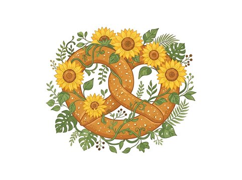 Giant pretzel decorated with sunflowers and leaves