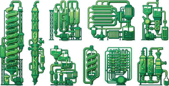 Collection of green industrial chemical engineering equipment distillation columns and heat exchangers vector illustration for process design and manufacturing