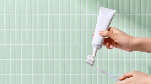 Person Applying Toothpaste to Toothbrush Cosmetic Tube Mockup in Bathroom Setting