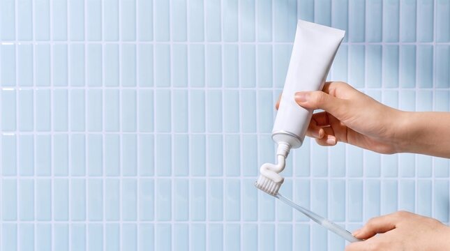 Hand Squeezing White Blank Toothpaste Tube onto Toothbrush with Copy Space on Blue Tile Background