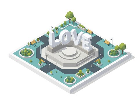 Large love word sculpture in isometric park setting
