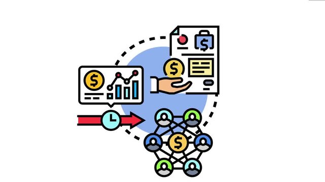 Icon financial transactions, cash inflow management, and liquidity support through a network of people, financial reports, and market analysis, indicating economic growth and investment