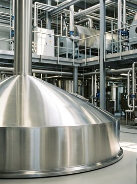 Large stainless steel industrial tank in factory manufacturing