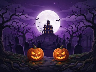 Fototapeta premium A spooky halloween night scene with glowing jack o' lanterns a haunted castle and a full moon in
