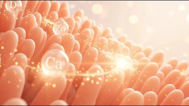 Peach Intestinal Villus and Glowing Gut Health with Calcium, Zinc, Nutrient Absorption, Digestive System Wellness, Vitamin Minerals, Coral Forms, and Microscopic Anatomy Science