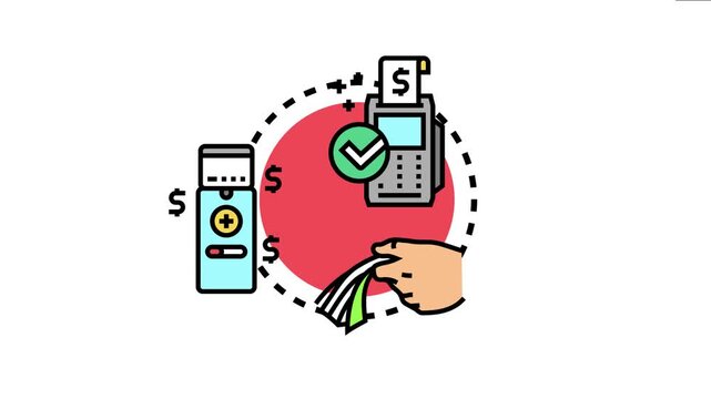 Hand holding paper money for a payment option, emphasizing a cash only transaction process with a card reader icon and pos terminal receiving currency