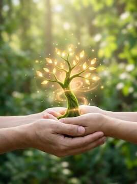 Hands holding glowing tree with golden leaves