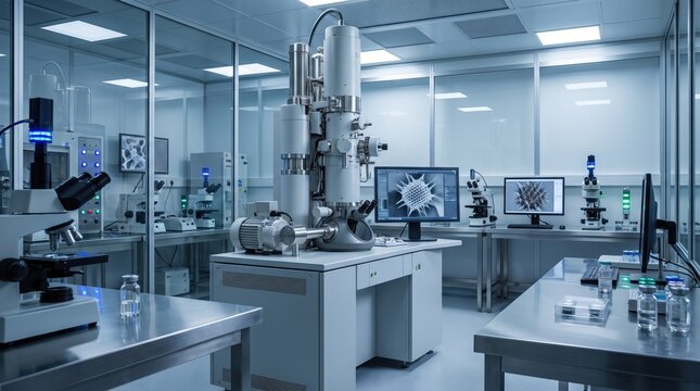 Modern laboratory interior with advanced transmission electron microscope and scientific research equipment