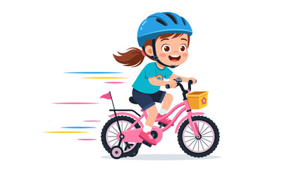Fototapeta premium A cute colorful cartoon illustration of a happy young girl riding a small bicycle.