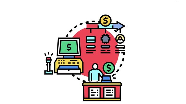 Cash register and pos terminal processing payments, visualizing secure financial transactions and digital money flow with various system components for efficient commerce