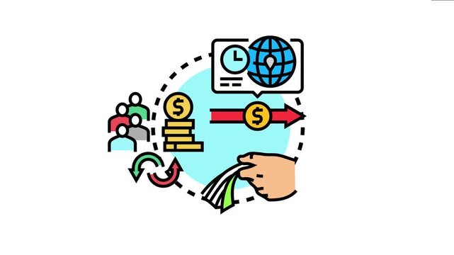 Cash remittance concept displaying a hand sending currency, money moving across the globe, and funds arriving to a group of people, highlighting international financial transactions