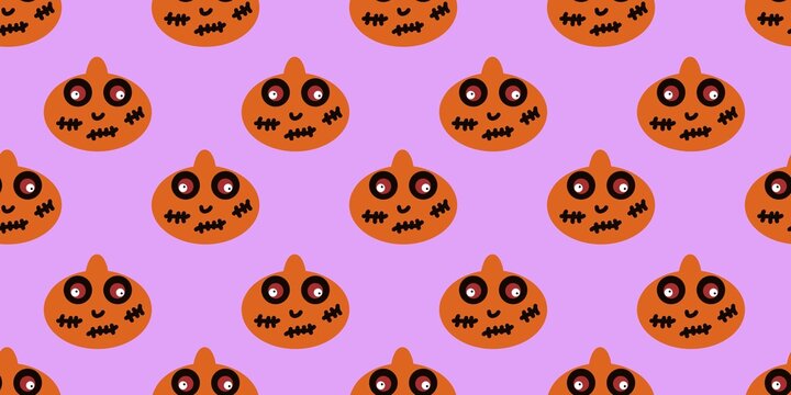 Seamless pattern of spooky orange Frankenstein pumpkins with stitches and crazy eyes on a light purple background for Halloween design