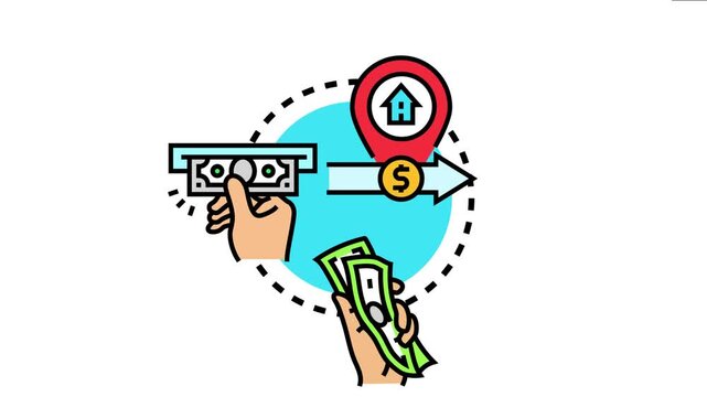 Remittance service concept showing a hand withdrawing cash from a terminal and another hand holding money, with an arrow indicating money transfer to a house location