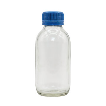 Empty clear glass laboratory reagent bottle with a ribbed blue plastic screw cap isolated on a transparent background