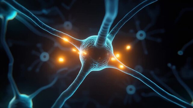 Macro visualization of a neuron synapse firing as neurotransmitter signals cross the synaptic gap, ideal for neuroscience education, medical presentations, science websites, and technology backgrounds