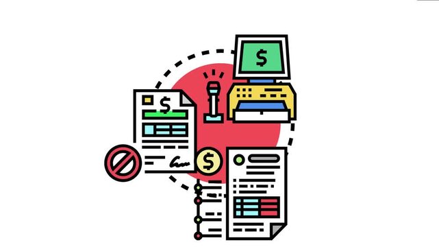 Financial transactions concept showing a cash register, currency validator, and various documents detailing payment processing and permitted monetary operations