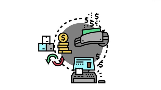 Business operations depicting local services, money transactions, and payment processing, emphasizing financial exchange within a community economy using cash and various payment methods