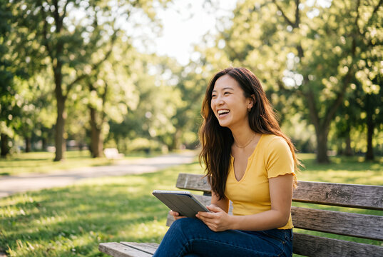 Young Asian woman smiling while using tablet in park